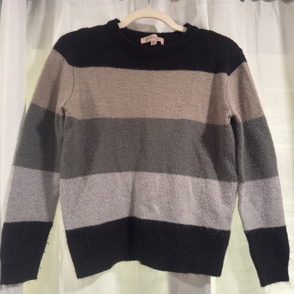Philosophy Republic Clothing Womens Striped Crewneck Sweater Black Tan Grey XS